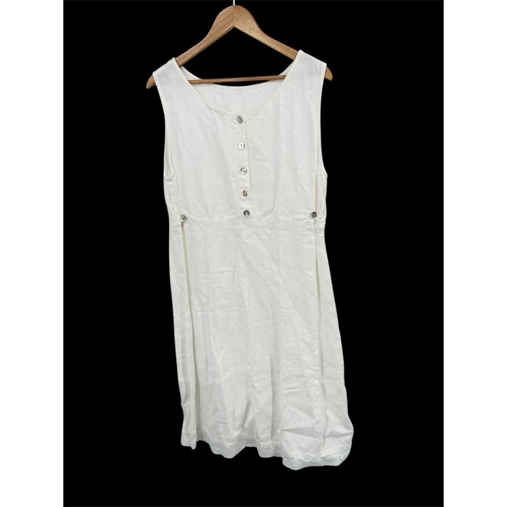 Subtle Tones White Linen Midi Dress Button Front Lagenlook Coastal Cottage S/M